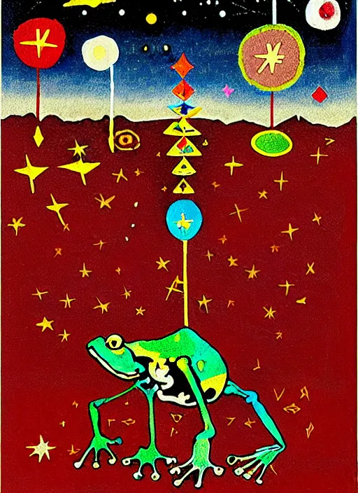 Image similar to pixel decollage painting tarot devil card composition tower of babel road red armor maggot bear and wonky alien frog skeleton knight on a horse in a dark red cloudy night sky with golden foil stars, occult symbols and diamonds, mountain lake and blossoming field in background, painted by mark rothko, helen frankenthaler, danny fox and hilma af klint, pixelated