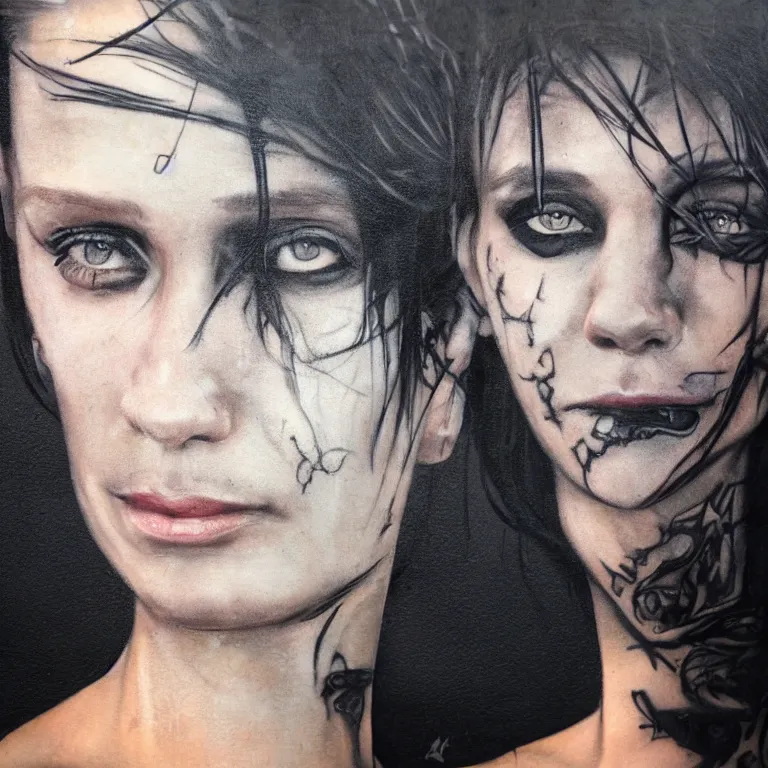 Prompt: Street-art portrait of The Girl with the Dragon Tattoo in style of Etm Cru, photorealism
