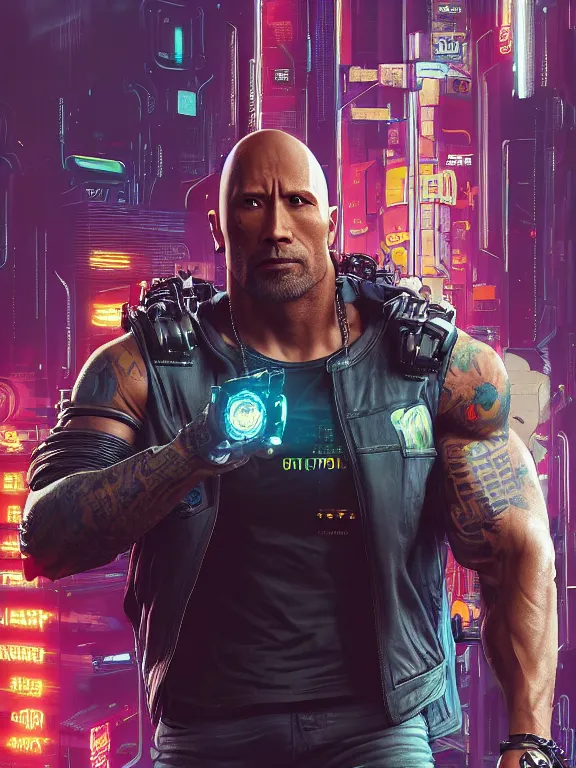 Image similar to a cyberpunk 2077 portrait of Dwayne Johnson holding a female android with couple pose,complex mess of cables and wires behind them connected to giant computer, love moive,film lighting, by laurie greasley,Lawrence Alma-Tadema,William Morris,Dan Mumford, trending on atrstation, full of color,face enhance,sharp focus, highly detailed,8K, octane,golden ratio,cinematic lighting