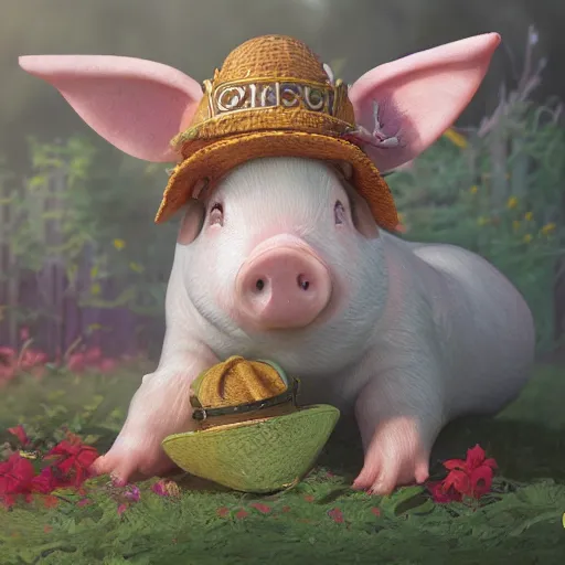 Image similar to cute and adorable miniature piggy pig2 wearing a cute hat on garden during a summer day, highly detailed, digital painting, artstation, concept art, smooth, sharp focus, illustration, art by yee chong and sydney hanson and rossdraws and greg rutkowski