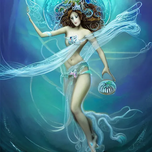 Image similar to Full body photo of the most beautiful goddess, she has a jellyfish head and a siren body, some tentacles are touching her, she flying to heaven through the clouds, she is swimming and leading some chrysaora hysoscella with smoke behid her, by Tooth Wu, trending on Artstation, digital art, symmetrical artwork, cinematic, hyper realism, high detail, octane render, 4k, 8k