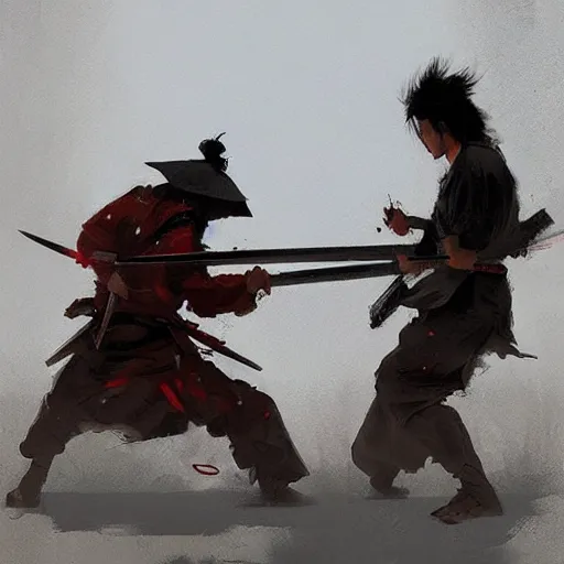 Prompt: samurai duel, paint by greg rutkowski