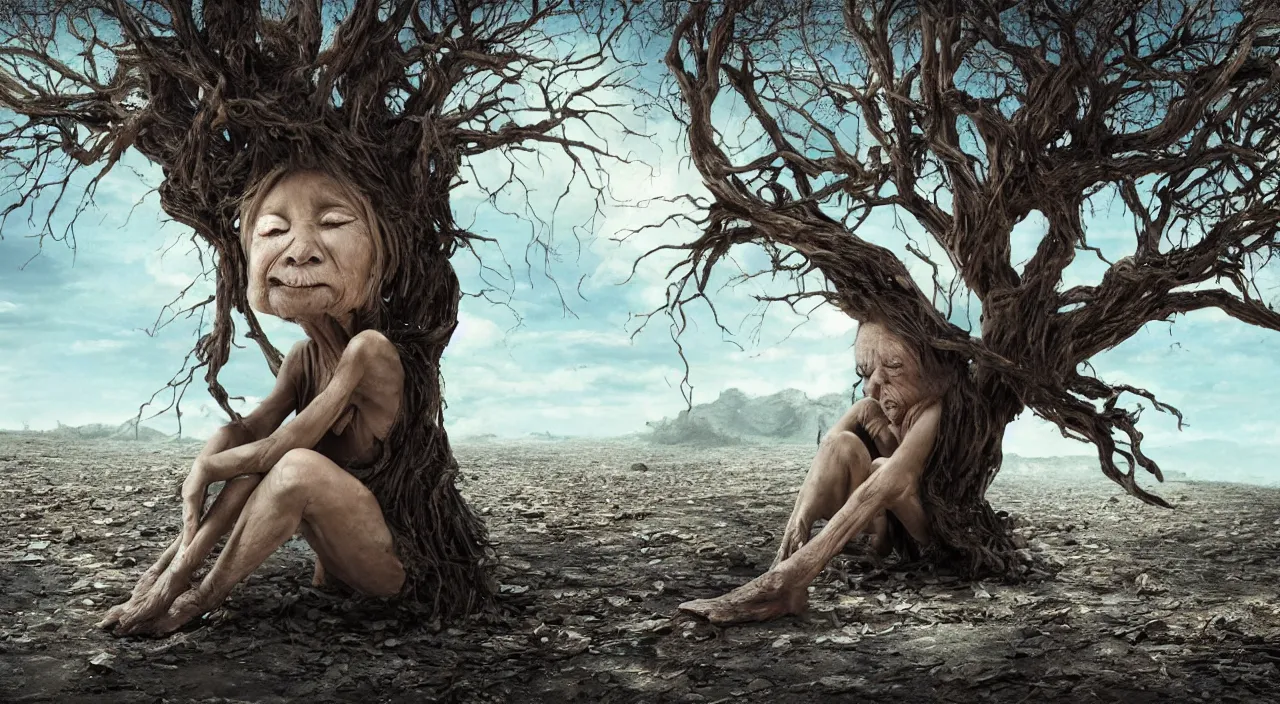 Image similar to 65-year-old tree-woman crying one single tear, facing the camera and sitting on a dried up river in a desolate land, blue sky, hot and sunny, highly-detailed, elegant, dramatic lighting, artstation, 4k, cinematic landscape, photograph