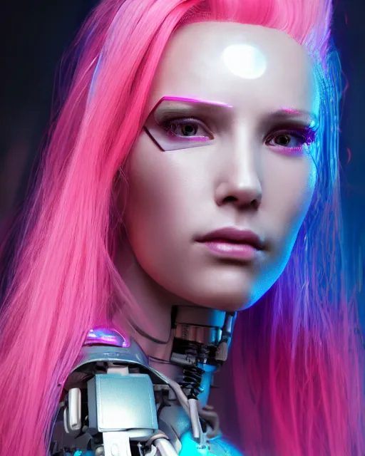 Image similar to portrait of a beautiful american woman with pink hair as a cyberpunk cyborg half robot, revealing wires and electronics, sci - fi, missing panels, intricate abstract upper body intricate artwork, concept art, octane render, deviantart, cinematic, key art, hyperrealism, iridescent accents, portrait photograph, nikon 3 5 mm, photograph by greg rutkowski