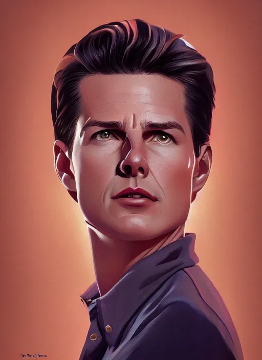 Prompt: Twin Peaks poster artwork by Michael Whelan and Tomer Hanuka, Karol Bak, Rendering of young innocent Tom Cruise, from scene from Twin Peaks, full of details, by Makoto Shinkai and thomas kinkade, Matte painting, trending on artstation and unreal engine