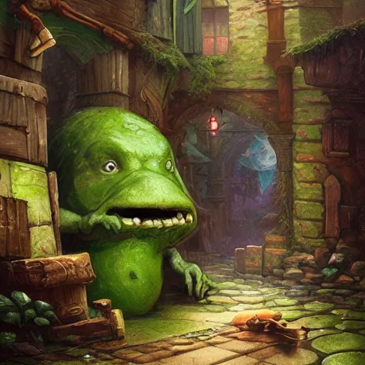 Image similar to anthropomorphic green puddle with an angry sneer lurking in a damp alleyway , concept art, painting by Justin Gerard