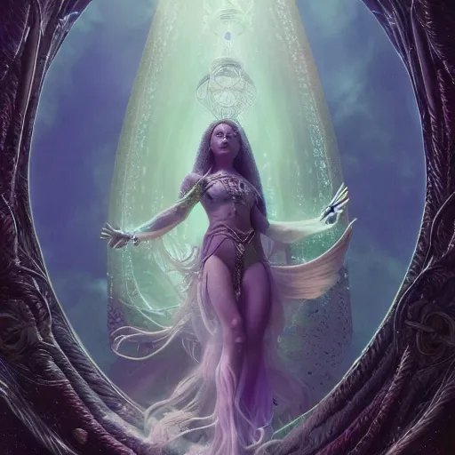 Image similar to unreal engine, octane render, 8 k techno mystic goddess princess intergalactica, with aqua neon rapunzel dreadlocks, mami wata, detailed, by gaston bussiere, bayard wu, greg rutkowski, h. r. giger, greg rutkowski, masterpiece, sharp focus,