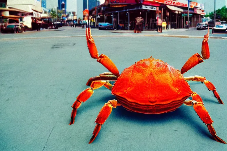 Image similar to 2 0 1 5 cute giant crab terrorizing a city, googie city, americana, fishcore, hd 8 k, photography cinestill