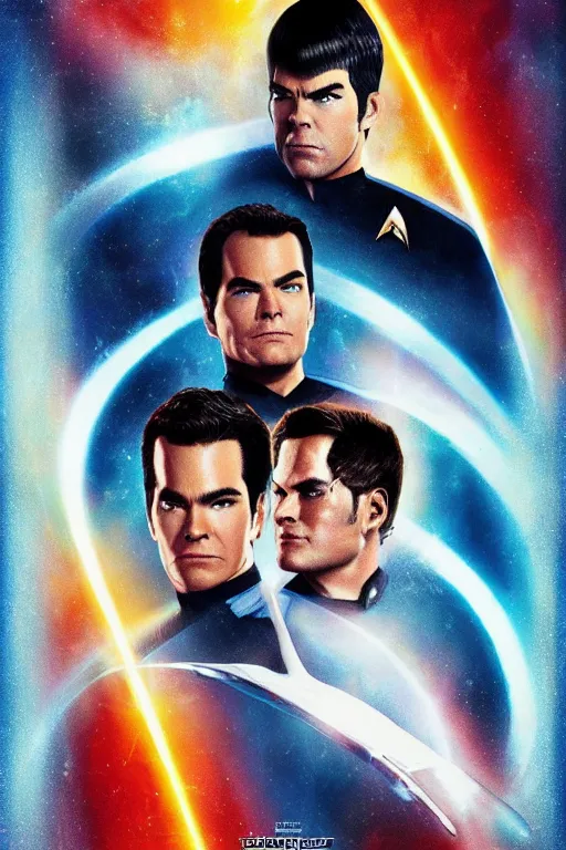 Prompt: movie poster for star trek beyond directed by Quentin Tarantino in the style of César Moreno and James Verdesoto, USS Enterprise, Chris Pine, Zachary Quinto, Karl Urban, pulp fiction, highly detailed, photorealistic