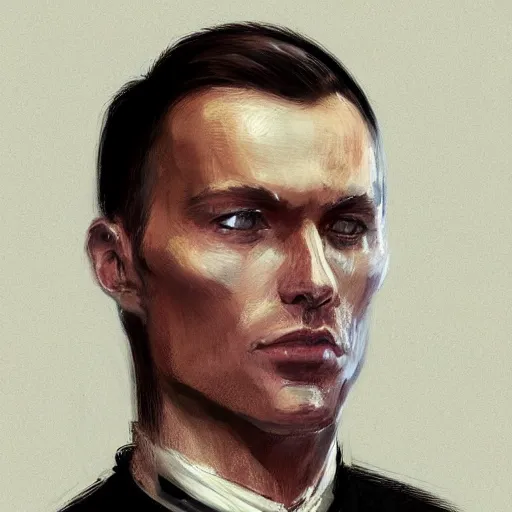 Image similar to Portrait of a man by Greg Rutkowski, he is about 40 years old, mixture between russian and irish, side parted combover brown hair, attractive, NARROW sharp ANGULAR hawkish features, hooked nose , extremely pale white skin, smart looking, he is wearing a black futuristic lawyer outfit, highly detailed portrait, scifi, digital painting, artstation, concept art, smooth, sharp foccus ilustration, Artstation HQ