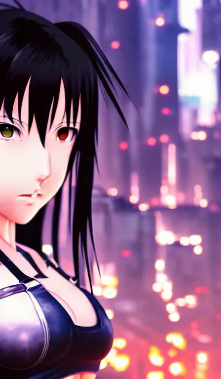 Image similar to anime fine details portrait of Tifa Lockhart in front of cyberpunk moder city landscape on the background deep bokeh, close-up view, anime masterpiece by Studio Ghibli. 8k, sharp high quality anime, artstation