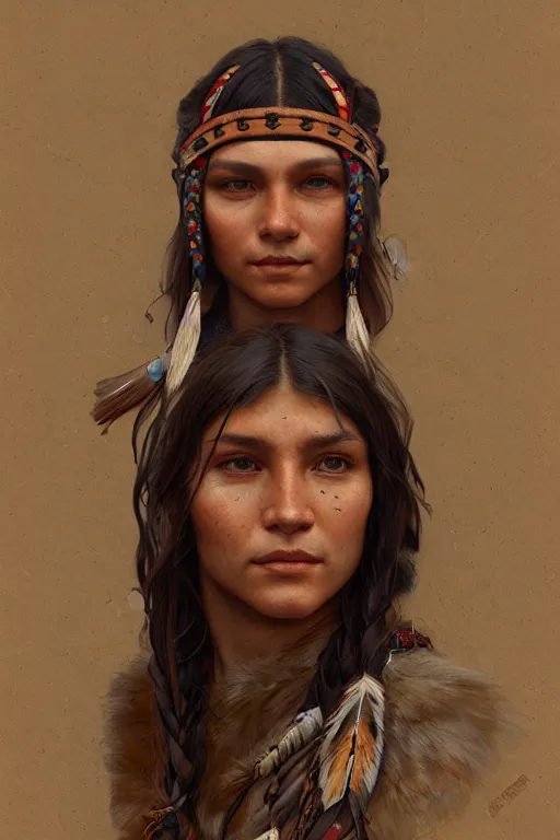 Image similar to A full portrait of a native american scout, intricate, elegant, highly detailed, digital painting, artstation, concept art, smooth, sharp focus, illustration, art by Krenz Cushart and Artem Demura and alphonse mucha