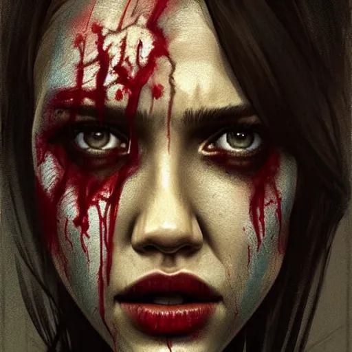 Image similar to color head portrait of jessica alba crying as a zombie, 7 days to die zombie, gritty background, fine art, award winning, intricate, elegant, sharp focus, cinematic lighting, digital painting, 8 k concept art, art by michael hussar, art by brom, art by guweiz and z. w. gu, 8 k