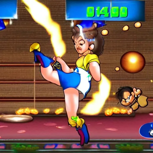 Image similar to chun li bouncing on a goomba with a pogo stick