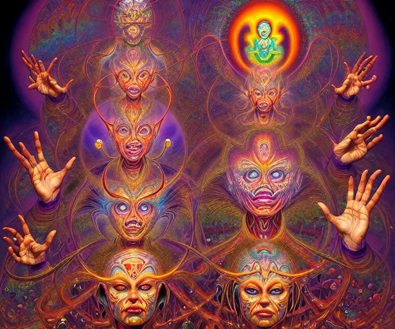 Prompt: realistic detailed image of psychedelic dmt jesters figures made of light dancing a tribal dance, in the outer 5th dimensional field by Alex Grey, by Ayami Kojima, Amano, Karol Bak, Greg Hildebrandt, and Mark Brooks. rich deep colors. Beksinski painting, part by Adrian Ghenie and Gerhard Richter. art by Takato Yamamoto. masterpiece