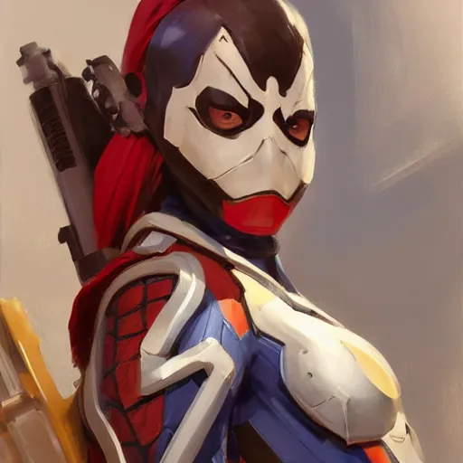 Image similar to greg manchess portrait painting of partially armored female spiderman as overwatch character, medium shot, asymmetrical, profile picture, organic painting, sunny day, matte painting, bold shapes, hard edges, street art, trending on artstation, by huang guangjian, gil elvgren, ruan jia, greg rutkowski, gaston bussiere