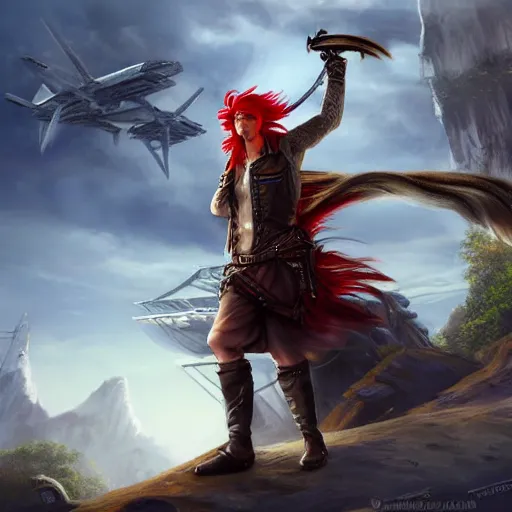 Image similar to male sky-pirate with long red hair standing in front of an airship, high detailed face, realistic, ultra detailed, menacing, powerful, dark, shallow focus, forest, mountains in the background concept art design as if designed by Wētā Workshop