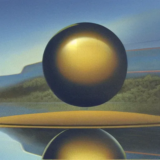 Image similar to a giant metal sphere, addorned with canadian aboriginal patterns, hovering above a lake in Yukon, Ralph McQuarrie, concept art, dramatic perspective.