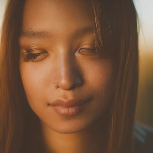 Prompt: closeup photo of a beautiful woman face, golden hour, bokeh, 8 0 mm lens, polaroid