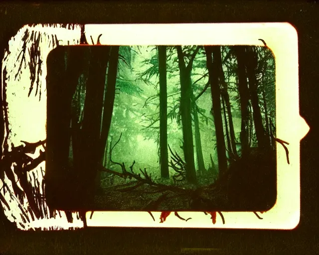 Image similar to Ancient cultic ritual totem made of horns and thorns disposable camera photo, polaroid, forest, horror movie