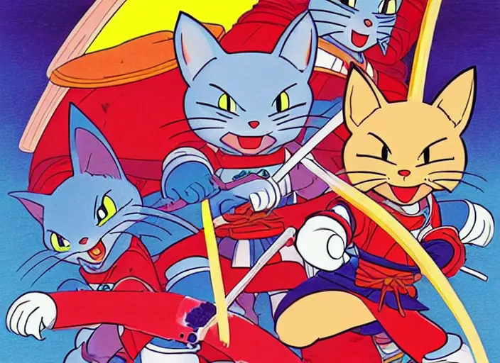 Image similar to samurai pizza cats, illustration masterpiece, by ryan ottley and mœbius and hayao miyazaki and akira toriyama