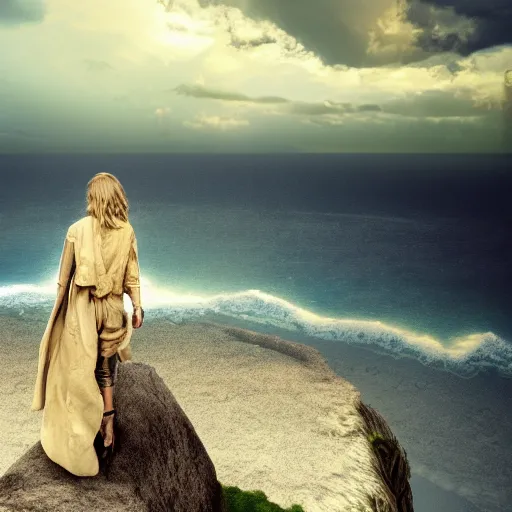 Prompt: Taylor Swift standing at the edge of a cliff, distant, stormy sky, concept art, 4k