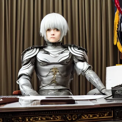 Image similar to a person cosplaying griffith from berserk manga by kentaro miura sitting at his white house oval office desk