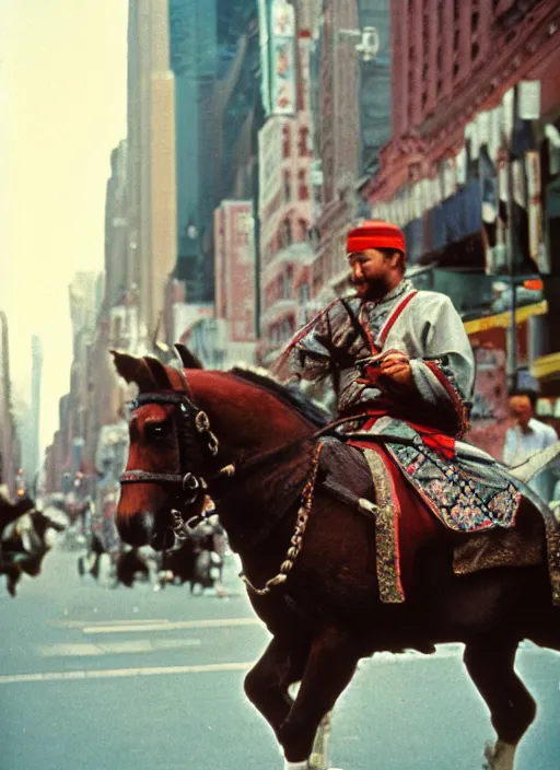 Prompt: a 35mm photograph of Genghis Khan riding a horse down a New York city street in the 1960's, bokeh, Canon 50mm, cinematic lighting, photography, retro, film, Kodachrome