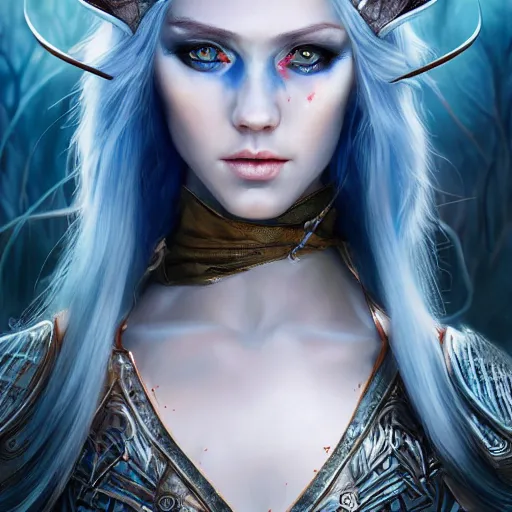 Image similar to detailed photo of elven archer girl, white hair, blue eyes, beautiful, 8 k, by tristan eaton, stanley artgermm, tom bagshaw, greg rutkowski, carne griffiths, trending on deviantart, hyper detailed, glorious lighting, epic environment