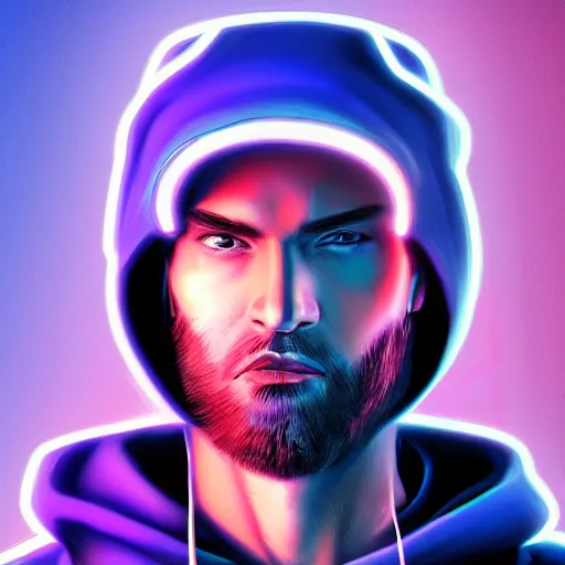 Image similar to a portrait of an ultradetailed futuristic male cyberpunk wearing a hoodie on his head, bearded, deep blue eyes, by dylan kowalski, 8 k, purple neon colours, digital painting, trending on artstation