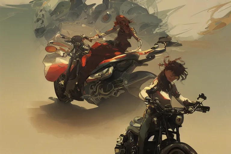 Image similar to a girl is riding a motorbike, digital painting, artstation, the space background,concept art, sharp focus, illustration, art by Krenz Cushart and Artem Demura and alphonse mucha