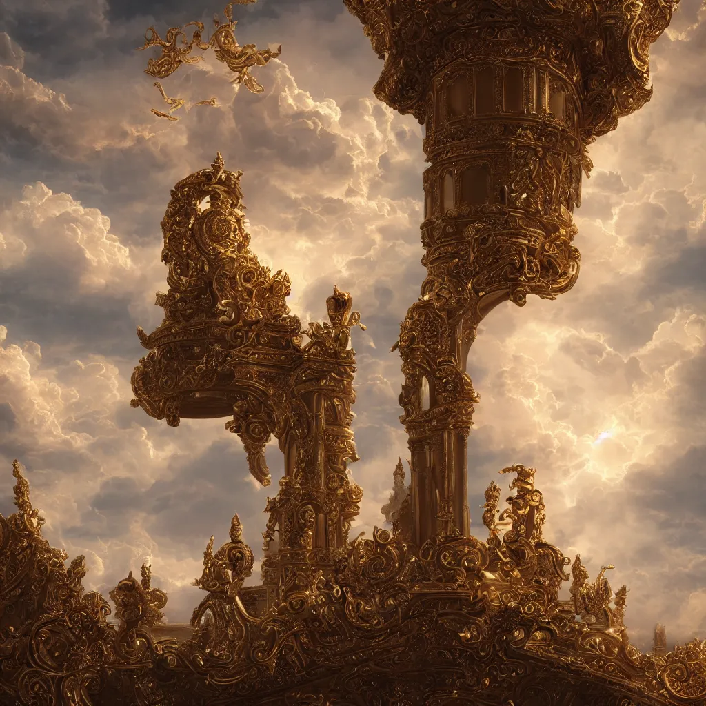 Prompt: a Byzantine ornate jade throne surrounded by heavenly clouds, beautiful, beautiful light, light particles, intricate artwork. octane render, trending on artstation, Greg Rutkowski, Fragonard, golden hour, symmetrical, very coherent, cinematic, hyper realism, high detail, vibrant