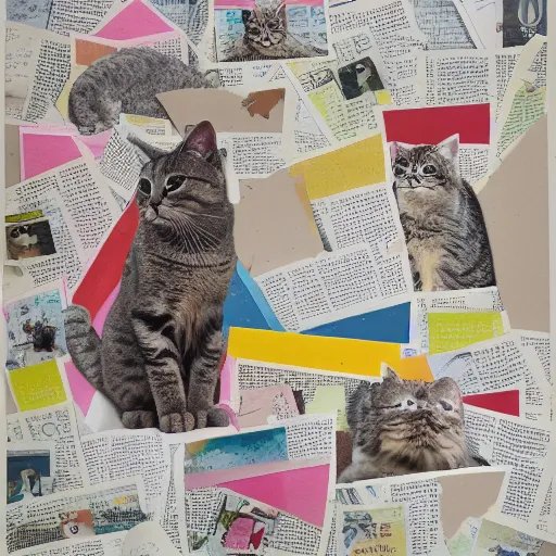 Image similar to Accurate representation of cat collage made out of cut coated and uncoated colored papers on two joined sheets of found newspaper