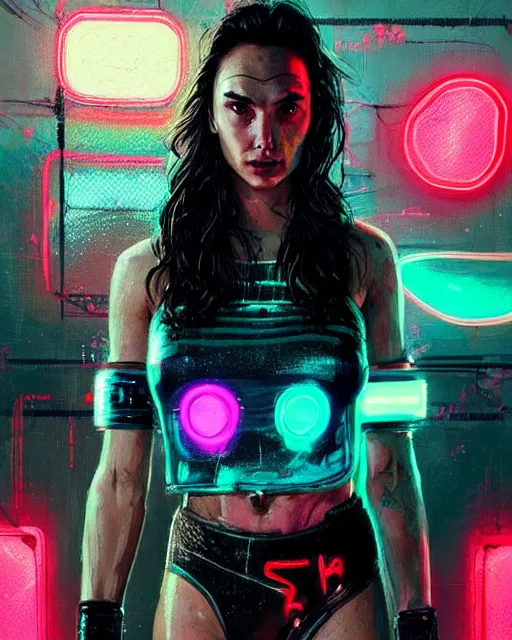 Prompt: detailed portrait Gal Gadot Neon boxer , cyberpunk futuristic neon, reflective crop top and shorts, boxing gloves, decorated with traditional Japanese ornaments by Ismail inceoglu dragan bibin hans thoma greg rutkowski Alexandros Pyromallis Nekro Rene Maritte Illustrated, Perfect face, fine details, realistic shaded, fine-face, pretty face