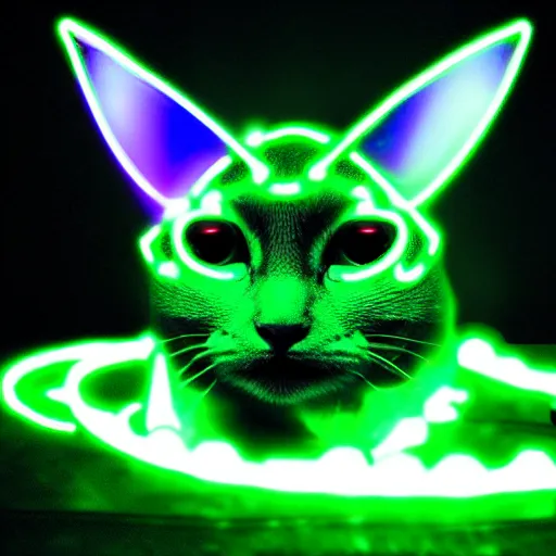 Prompt: Horned cat circuitboard alien, green laser light energy, uncanny devil creature, intelligent and cunning