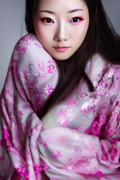 Prompt: a beautiful portrait of a gorgeous japanese girl wearing kimono, pink zen style, photorealistic portrait, porcelain skin, beautiful eyes and face, smooth, 8 k uhd, portrait photography, beautiful volumetric lighting, studio lighting