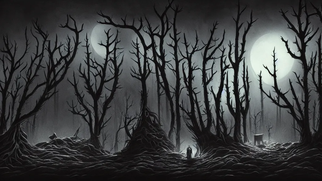 Image similar to detailed stylized horror illustration of the unknown place with the dead pines, under a pale dead moon, folk horror, dramatic dark eerie lighting, horrific surreal nightmare, 8k resolution artwork, horror art, eerie, creepy, trending on artstation, painting, elaborate excellent painted illustration, smooth, sharp focus