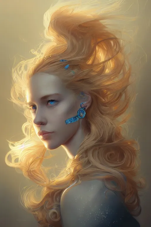 Image similar to an insanely detailed portrait of a beautiful woman facing you, highly detailed features, sparkling blue eyes, long eyelashes, long golden blonde hair, beautiful smile, in the style of peter mohrbacher, artgerm, dramatic lighting and composition, octane render, trending on artstation, concept art 8 k