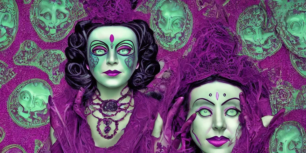 Prompt: madame leota cult, detailed facial expression, surrealism aesthetic