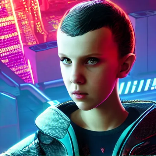 Prompt: Millie Bobby Brown in Cyberpunk 2077 by RossDraws and Butcher Billy