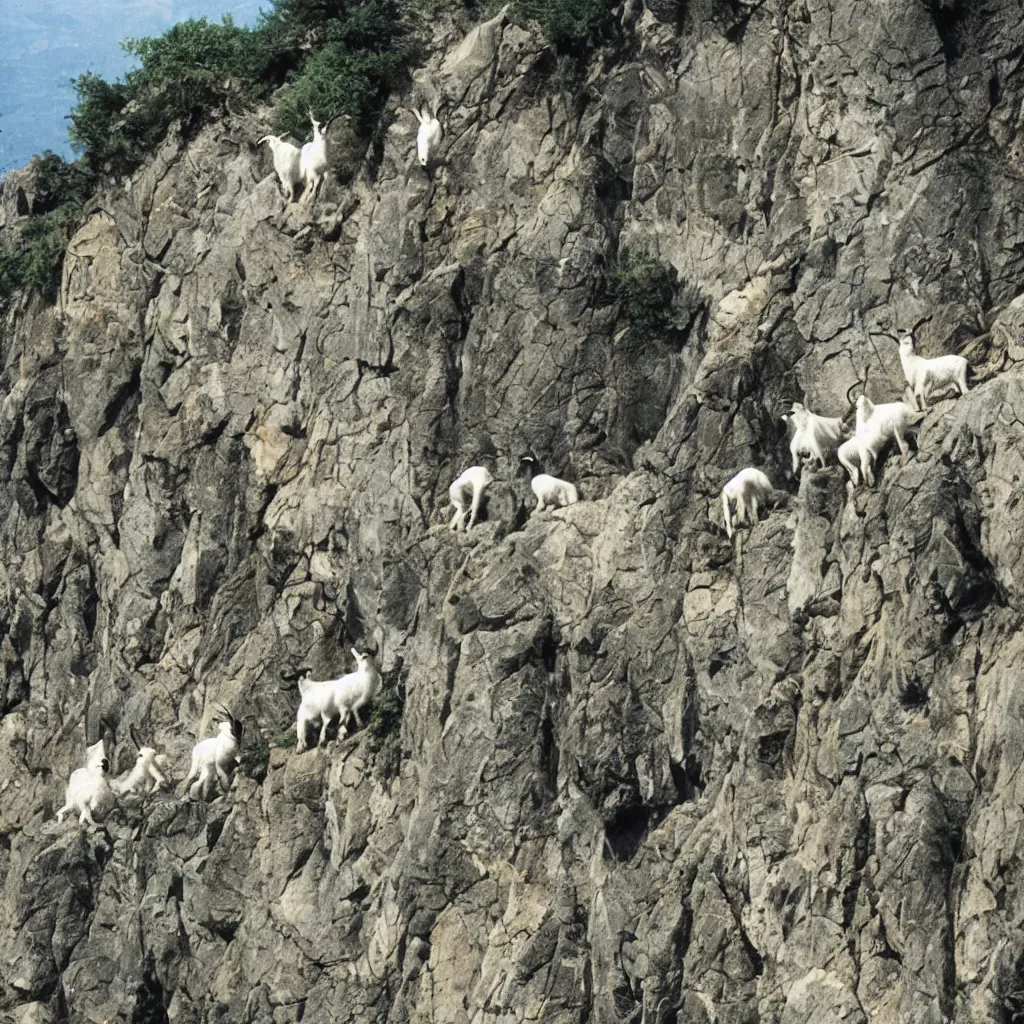 Image similar to mountain goats on a sheer cliffside, dr. suess