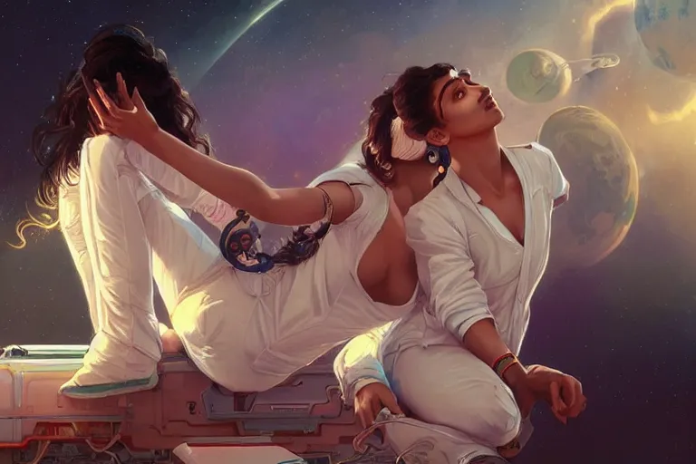 Image similar to Sensuous good looking pale young Indian doctors wearing jeans in a space station above Earth, portrait, elegant, intricate, digital painting, artstation, concept art, smooth, sharp focus, illustration, art by artgerm and greg rutkowski and alphonse mucha