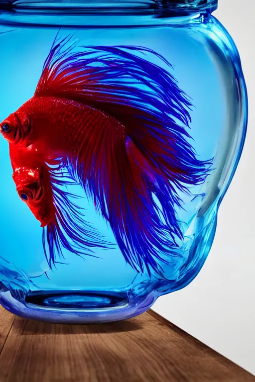 Image similar to a octane render of a siamese fighting fish inside a jar on the table, close - up studio photo, lighting path traced, highly detailed, high quality, hyper - realistic, max accurate,