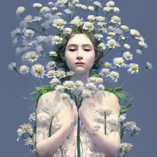 Image similar to goddess of nemophila flowers portrait, amalgamation of leaves and flowers, orthodox saint, beautiful raking sunlight, nemophila flowers, no hands. intricate artwork by Hsiao-Ron Cheng. octane render, trending on artstation, greg rutkowski. cinematic, hyper realism, high detail, octane render, 8k