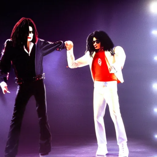 Image similar to kevin smith and michael jackson performing together at the standup show, realistic photo, 8k, light falling on the stage, highly detailed, hyperrealistic, very detailed