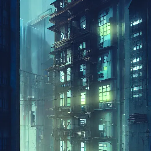 Image similar to One dilapidated building with only one window glowing. ArtStation, Cyberpunk, Vertical Symmetry, 8K, Highly Detailed, Intricate, Album Art.