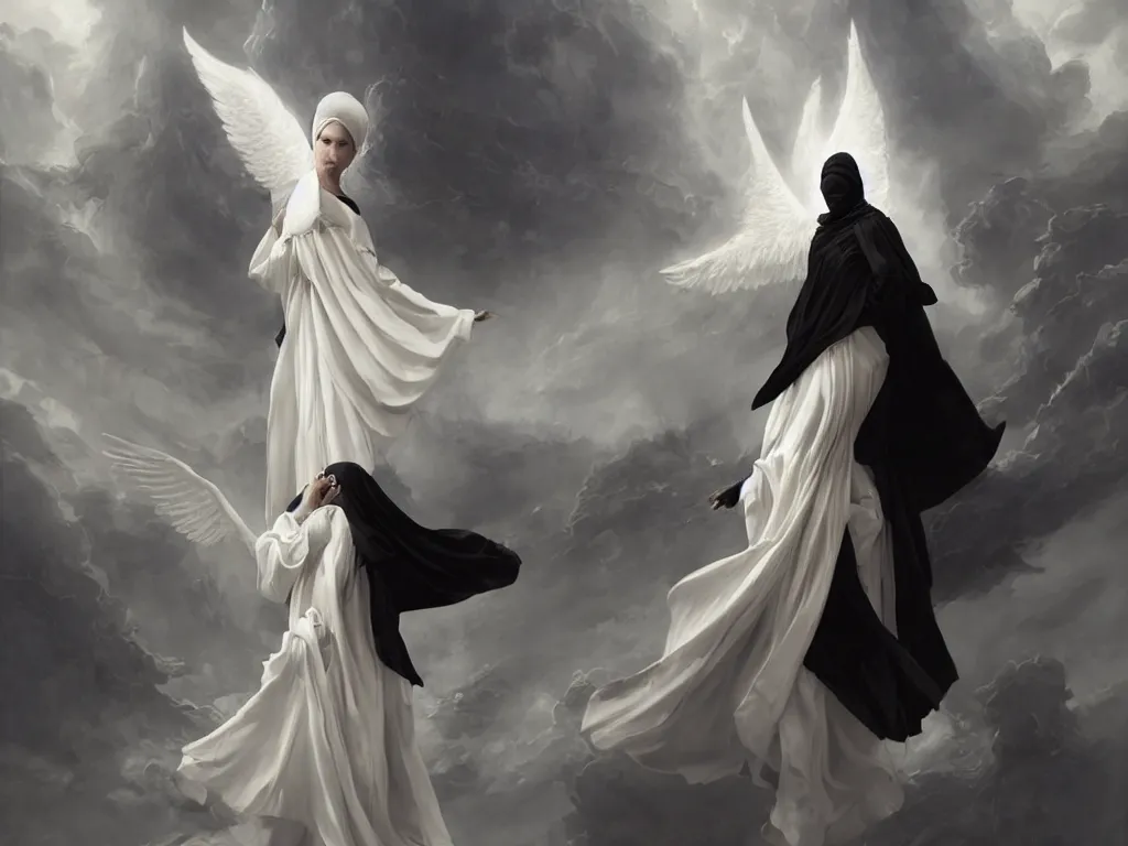 Prompt: a heavenly angel in flowing black robes and sporting pearlescent wings, wearing a blindfold, blind, modest, head covered by a hood, black robes, alabaster, sculpted, black robes, standing in a white startship hallway, detailed, epic masterpiece, master cinematography, hyper realism, realistic shading, unreal engine, peter mohrbacher