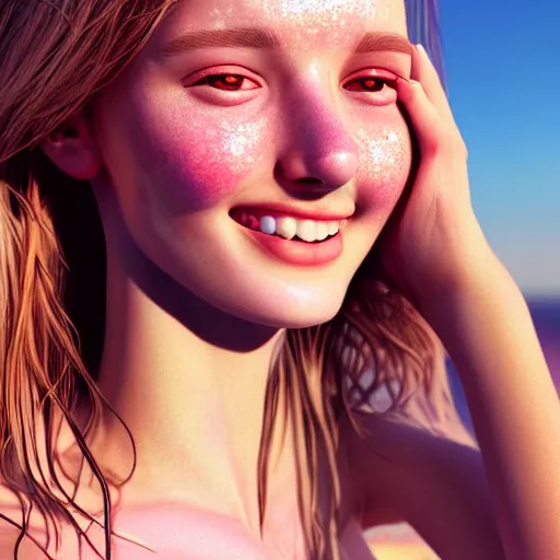 Image similar to portrait of a cute thin young woman, red blush, light freckles, smug smile, modern clothes, relaxing on the beach, golden hour, close up shot, 8 k, art by irakli nadar, hyperrealism, hyperdetailed, ultra realistic