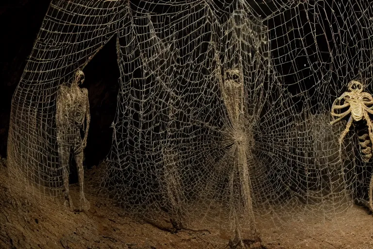 Image similar to portrait of a dusty armored skeleton covered in webs in a cave By Emmanuel Lubezki