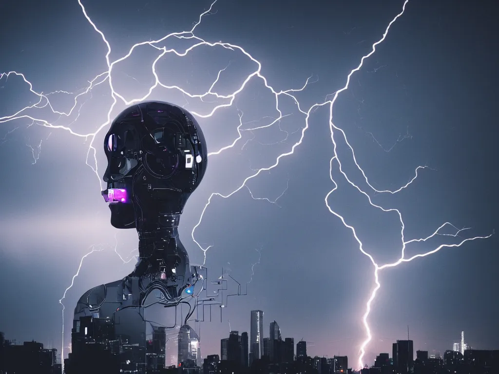 Prompt: |robot head shooting lightning from its eyes| |floating over vast city made of audio speakers|, neon moody night time light, 55mm